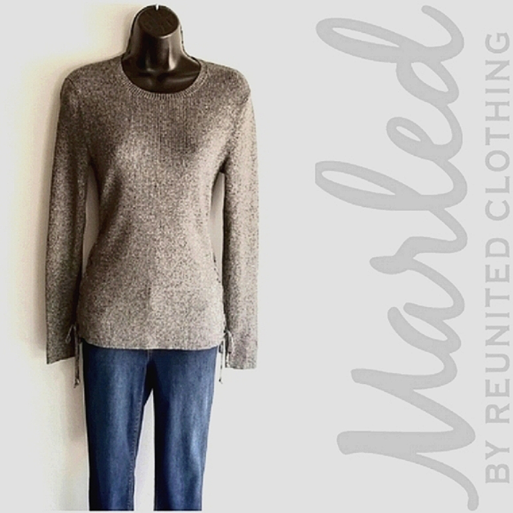 Marled Ribbed Crewneck Side Lace Up Long Sleeve Sweater